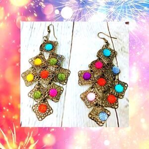 Gorgeous Antique Gold Tone Dangling Earrings Multicolor